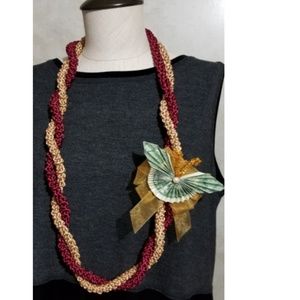 Rattail Graduation Lei Maroon Gold Money Butterfly